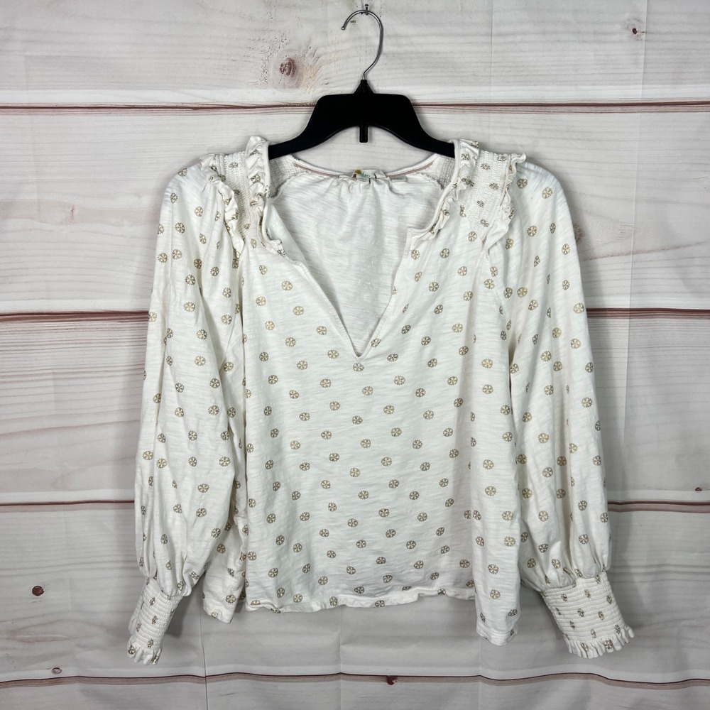 Boden Top Womens US 20 22‎ White Gold Cotton Blouse Smocked Ruffles Notch Neck